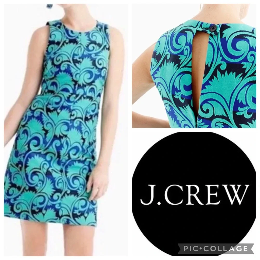 NWT J.Crew Black Label Blue Green Jacquard Sleeveless A Line Dress Size 6